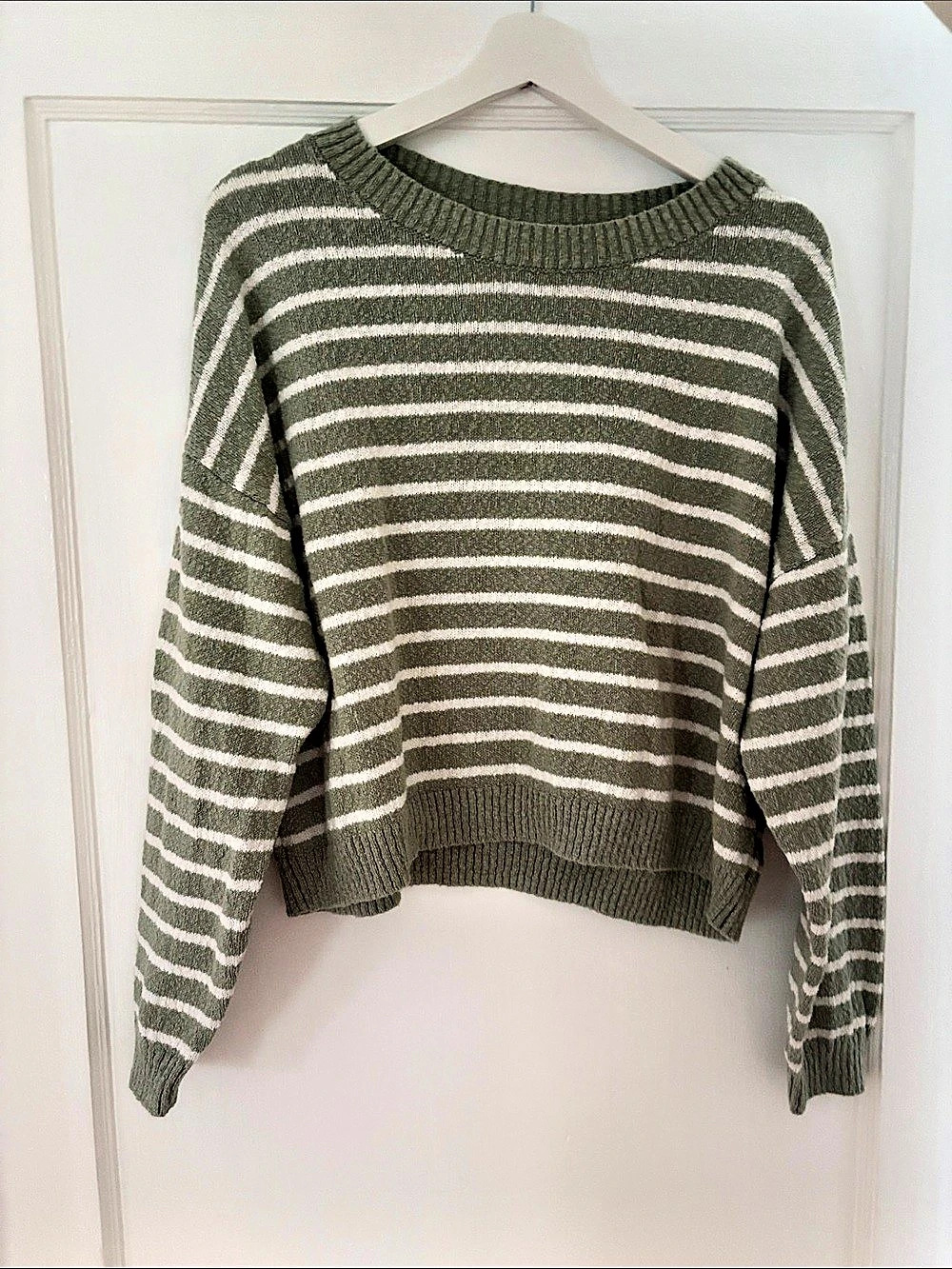 Gap 100% Cotton Striped Crewneck Sweater Green & White